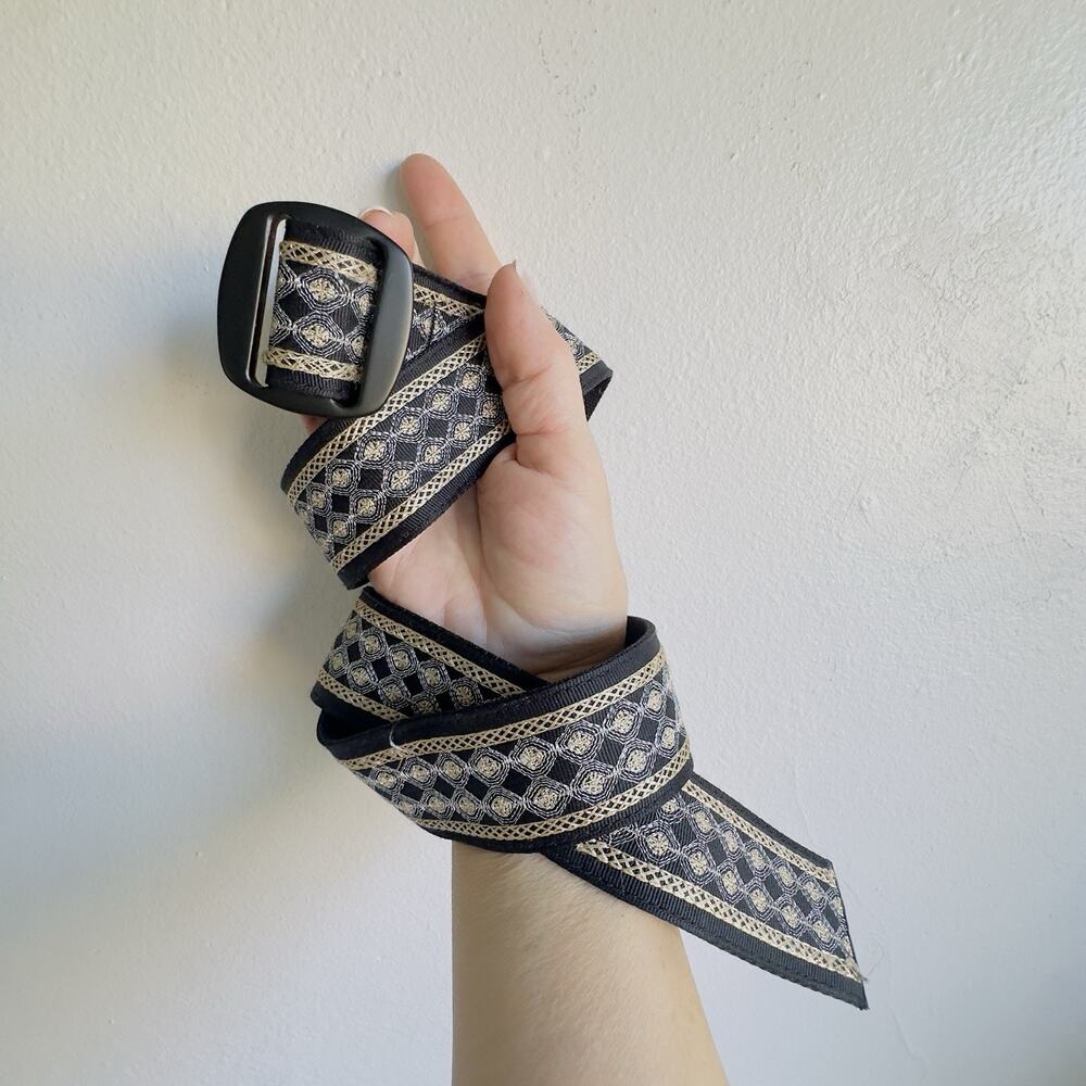 Bison Designs Black Embroidered Belt Small Boho Western Gold Silver Thread USA